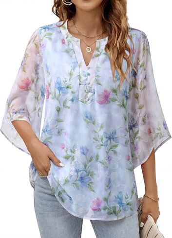 Youtalia Women's Flowy Casual Classy V Neck Blouses 3/4 Sleeve Elegant Floral Double Layers Tops Shirts in Saudi Arabia