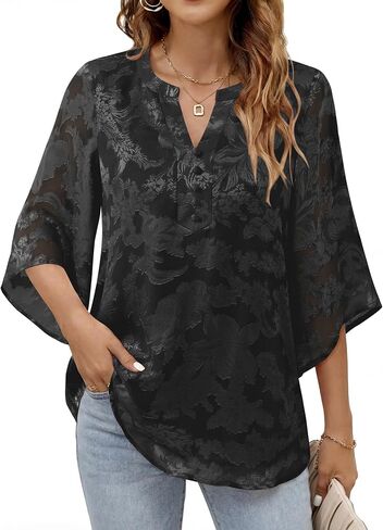 Youtalia Women's Flowy Casual Classy V Neck Blouses 3/4 Sleeve Elegant Floral Double Layers Tops Shirts in Saudi Arabia