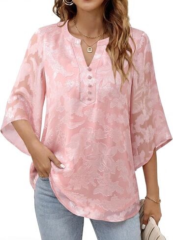 Youtalia Women's Flowy Casual Classy V Neck Blouses 3/4 Sleeve Elegant Floral Double Layers Tops Shirts in Saudi Arabia