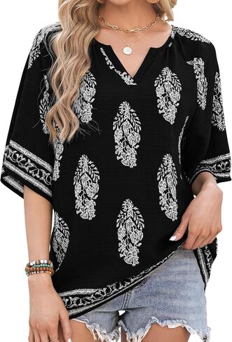Womens Boho Tops 3/4 Sleeve V Neck Cotton Tunic Flowy Shirt – Casual Loose Fit Summer Bohemian Peasant Blouse in Saudi Arabia