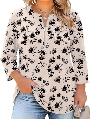 LOMON 3/4 Length Sleeve Womens Plus Size Tops V Neck Tunic Blouses Dressy Casual Oversized Basic Tees Loose Fit Shirts in Kuwait