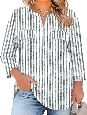 LOMON 3/4 Length Sleeve Womens Plus Size Tops V Neck Tunic Blouses Dressy Casual Oversized Basic Tees Loose Fit Shirts in Kuwait