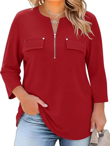 LOMON 3/4 Length Sleeve Womens Plus Size Tops V Neck Tunic Blouses Dressy Casual Oversized Basic Tees Loose Fit Shirts in Kuwait