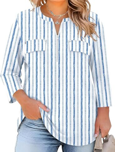 LOMON 3/4 Length Sleeve Womens Plus Size Tops V Neck Tunic Blouses Dressy Casual Oversized Basic Tees Loose Fit Shirts in Kuwait