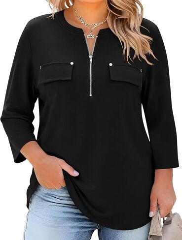 LOMON 3/4 Length Sleeve Womens Plus Size Tops V Neck Tunic Blouses Dressy Casual Oversized Basic Tees Loose Fit Shirts in Kuwait