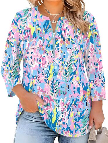 LOMON 3/4 Length Sleeve Womens Plus Size Tops V Neck Tunic Blouses Dressy Casual Oversized Basic Tees Loose Fit Shirts in Kuwait