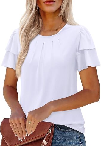 Uhiger Short Puff Sleeve Tops for Women Ruffle Blouse Pleated Summer Shirt Dressy Casual Beach Vacation Clothes in Kuwait