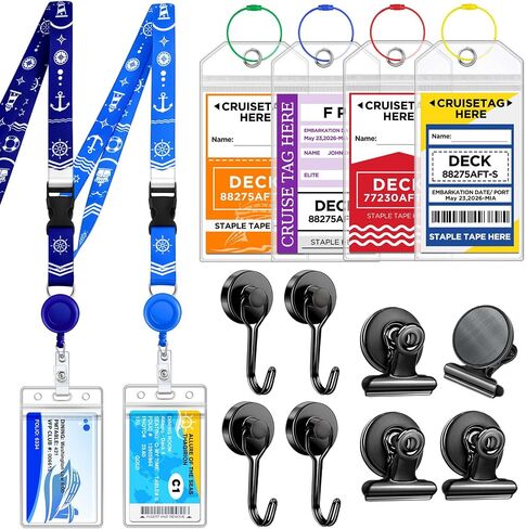 Cruise Essentials Kit 2026, 2 Pack Lanyards for Cruise Ship Cards and 4 Pack Cruise Luggage Tag Holders with 4 Sets Magnetic Hooks and Clips for Cruise Cabins - Fits All Cruise Lines in Kuwait