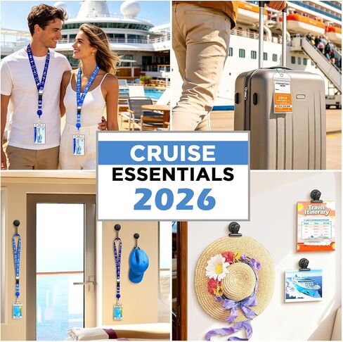 Cruise Essentials Kit 2026, 2 Pack Lanyards for Cruise Ship Cards and 4 Pack Cruise Luggage Tag Holders with 4 Sets Magnetic Hooks and Clips for Cruise Cabins - Fits All Cruise Lines in Kuwait