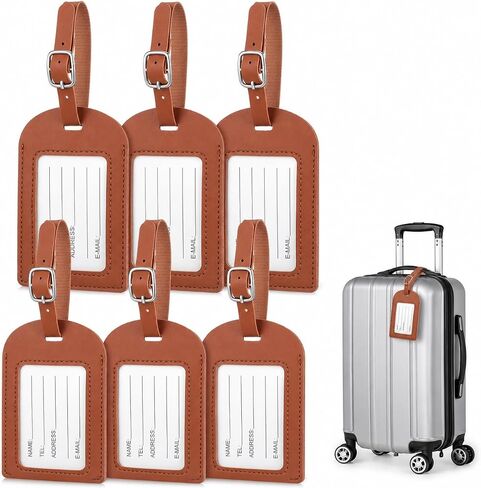 Garneck 6 Pcs Leather Luggage Tags for Suitcases: Brown Pu Travel Bag Tags with Adjustable Strap & Transparent Window Reusable Name Id Labels for Suitcases, Backpacks and Business Travel in Kuwait