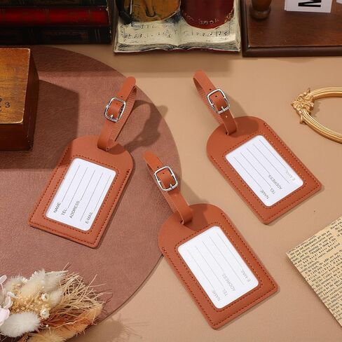 Garneck 6 Pcs Leather Luggage Tags for Suitcases: Brown Pu Travel Bag Tags with Adjustable Strap & Transparent Window Reusable Name Id Labels for Suitcases, Backpacks and Business Travel in Kuwait