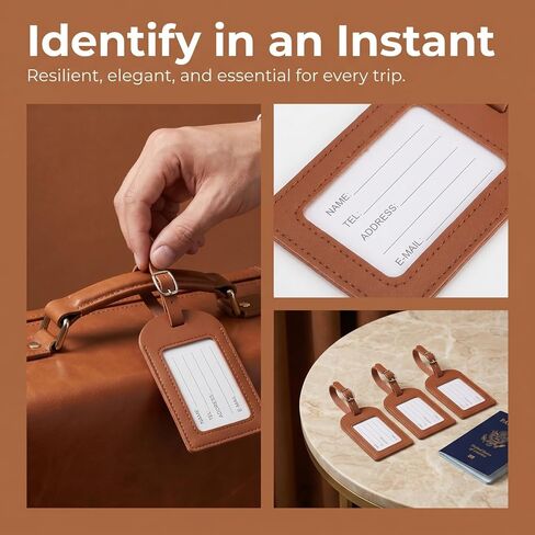 Garneck 6 Pcs Leather Luggage Tags for Suitcases: Brown Pu Travel Bag Tags with Adjustable Strap & Transparent Window Reusable Name Id Labels for Suitcases, Backpacks and Business Travel in Kuwait
