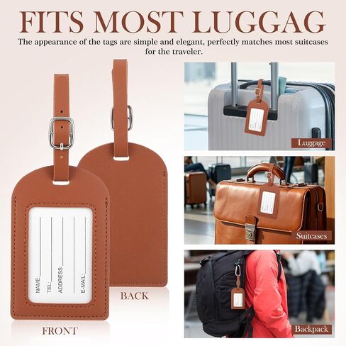 Garneck 6 Pcs Leather Luggage Tags for Suitcases: Brown Pu Travel Bag Tags with Adjustable Strap & Transparent Window Reusable Name Id Labels for Suitcases, Backpacks and Business Travel in Kuwait