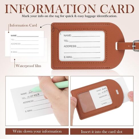 Garneck 6 Pcs Leather Luggage Tags for Suitcases: Brown Pu Travel Bag Tags with Adjustable Strap & Transparent Window Reusable Name Id Labels for Suitcases, Backpacks and Business Travel in Kuwait