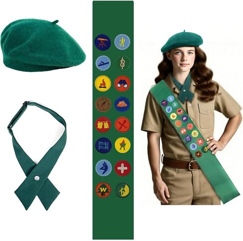 Scout Costume Set, Scout Uniform Accessories Set, Green Beret and Sash with Merit Badge Display, Traditional Style, Youth Organization Gear in Saudi Arabia