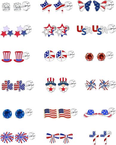 4th of July Patriotic Earrings for Women Girls kids - 18 Pairs American Flag Red White and Blue Flat Back Stud Earrings for Independence Day Memorial Day,4 Years Old+ in Kuwait
