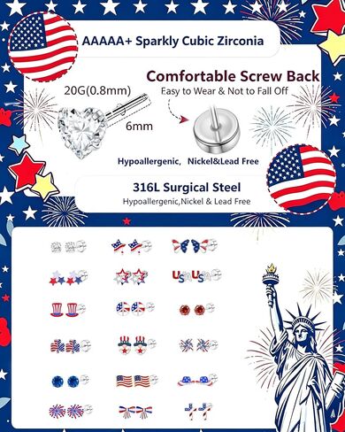 4th of July Patriotic Earrings for Women Girls kids - 18 Pairs American Flag Red White and Blue Flat Back Stud Earrings for Independence Day Memorial Day,4 Years Old+ in Kuwait
