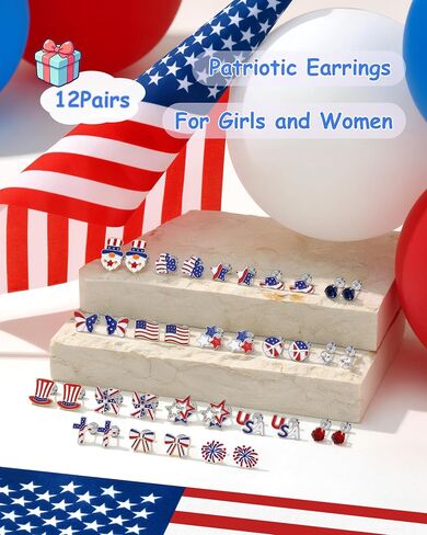 4th of July Patriotic Earrings for Women Girls kids - 18 Pairs American Flag Red White and Blue Flat Back Stud Earrings for Independence Day Memorial Day,4 Years Old+ in Kuwait