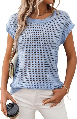 Crochet Tops for Women Hollow Out Sweater Vest Cap Short Sleeve Knitted Pullover Tops in Saudi Arabia