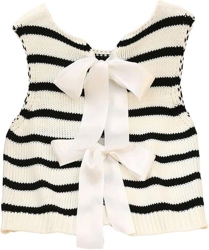 Women's Striped Bow Crop Tank Tops Cute Vacation Going Out Outfits Tie Backless Sleeveless Knit Vest Tops in Kuwait