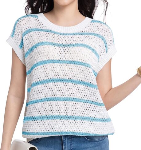Womens Sweater Vest Round Neck Striped Short Sleeve Sweater Tops Casual Trendy Spring Fall Clothes in Saudi Arabia