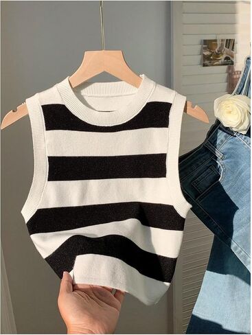 RoseSeek Women's Striped Knit Vest Crew Neck Sleeveless Pullover Sweater Tops Slim Fit Knitted Tank Tops in Kuwait
