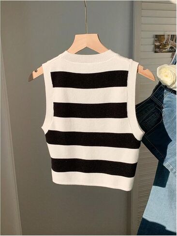 RoseSeek Women's Striped Knit Vest Crew Neck Sleeveless Pullover Sweater Tops Slim Fit Knitted Tank Tops in Kuwait