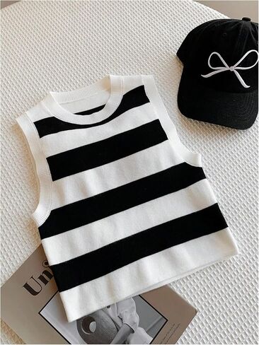 RoseSeek Women's Striped Knit Vest Crew Neck Sleeveless Pullover Sweater Tops Slim Fit Knitted Tank Tops in Kuwait