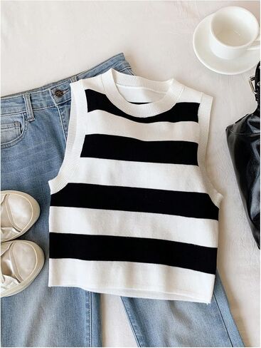 RoseSeek Women's Striped Knit Vest Crew Neck Sleeveless Pullover Sweater Tops Slim Fit Knitted Tank Tops in Kuwait