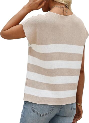 Womens V Neck Knit Sweater Vest Sleeveless Tops Summer Stripes Apricot Striped Top Lightweight Pullover in Saudi Arabia