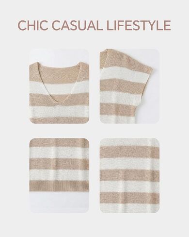 Womens V Neck Knit Sweater Vest Sleeveless Tops Summer Stripes Apricot Striped Top Lightweight Pullover in Saudi Arabia