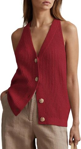 Women Sweater Vest Sleeveless Button Up Knit Vest Tops V Neck Halter Tank Tops Red L in Kuwait