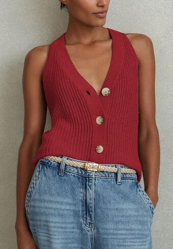 Women Sweater Vest Sleeveless Button Up Knit Vest Tops V Neck Halter Tank Tops Red L in Kuwait