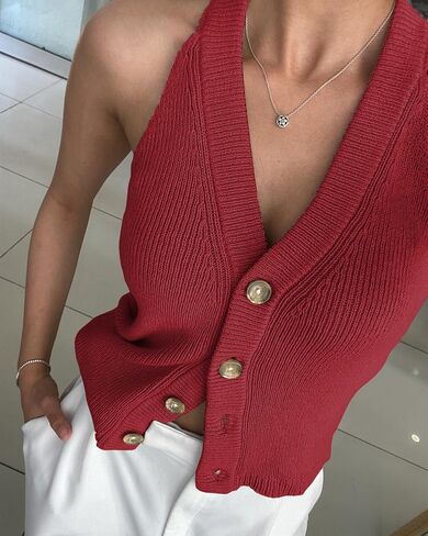 Women Sweater Vest Sleeveless Button Up Knit Vest Tops V Neck Halter Tank Tops Red L in Kuwait