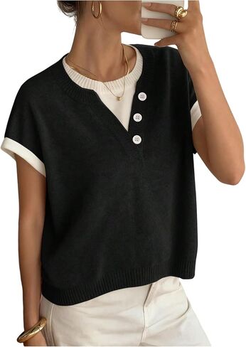 MakeMeChic Women's Summer Short Sleeve Sweater V Neck Ribbed Old Money Pullover Knit Tops in Kuwait