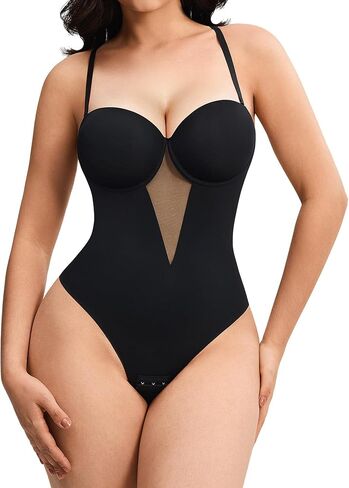 Nebility Shapewear Bodysuits for Women Thong Tummy Control Body Suits Sheer Mesh V-Neck BodySuit with Built-in Bra in Kuwait