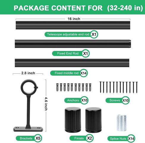 Extra Long Curtain Rods for Windows 120 to 240 Inches, Heavy Duty Adjustable 1 Inch 20 Feet Black Curtain Rod, Modern Drapery Rod, All Metal, Easy Install, Simplistic Finials in Saudi Arabia