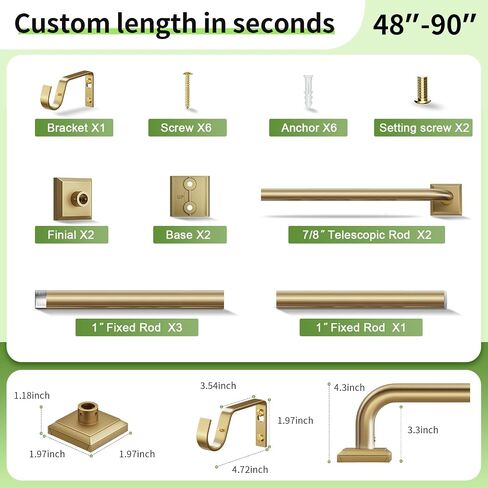 Brushed Gold Curtain Rods for Windows 48-90 Inch (4-7.5 ft), Heavy Duty Wrap Around Blackout Curtain Rod, Adjustable Room Darkening Drapery Rod for Bedroom, Living Room & Sliding Door in Saudi Arabia