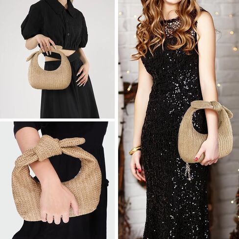 SEWACC Bow Knotted Woven Handbag Polyester Purse Women Summer Beach Bag Portable Storage Tote in Kuwait