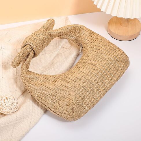 SEWACC Bow Knotted Woven Handbag Polyester Purse Women Summer Beach Bag Portable Storage Tote in Kuwait