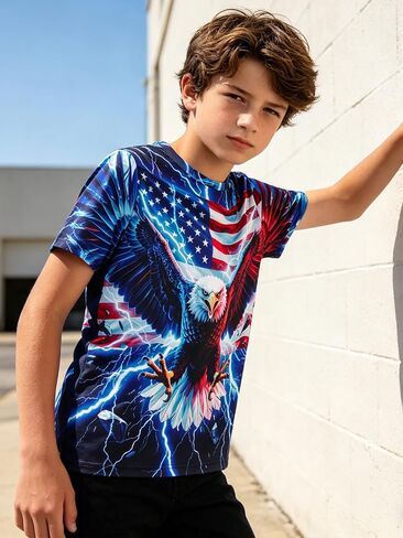 Funnycokid Boys Girls Shirts 4th of July Independence Day Flag Neon Clothes Kids Tees 4-16 Years in Saudi Arabia