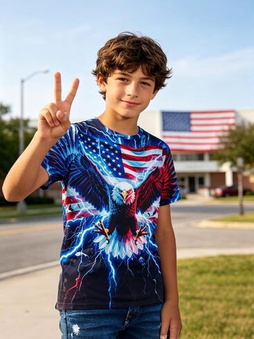 Funnycokid Boys Girls Shirts 4th of July Independence Day Flag Neon Clothes Kids Tees 4-16 Years in Saudi Arabia