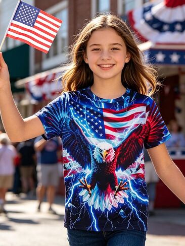 Funnycokid Boys Girls Shirts 4th of July Independence Day Flag Neon Clothes Kids Tees 4-16 Years in Saudi Arabia