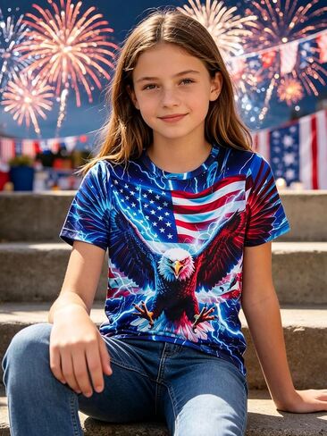 Funnycokid Boys Girls Shirts 4th of July Independence Day Flag Neon Clothes Kids Tees 4-16 Years in Saudi Arabia
