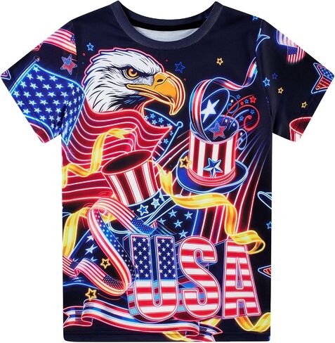 Funnycokid Boys Girls Shirts 4th of July Independence Day Flag Neon Clothes Kids Tees 4-16 Years in Saudi Arabia