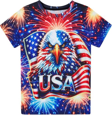 Funnycokid Boys Girls Shirts 4th of July Independence Day Flag Neon Clothes Kids Tees 4-16 Years in Saudi Arabia
