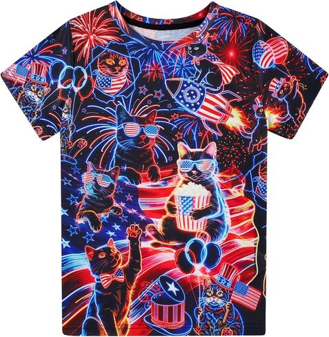 Funnycokid Boys Girls Shirts 4th of July Independence Day Flag Neon Clothes Kids Tees 4-16 Years in Saudi Arabia