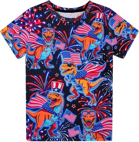 Funnycokid Boys Girls Shirts 4th of July Independence Day Flag Neon Clothes Kids Tees 4-16 Years in Saudi Arabia