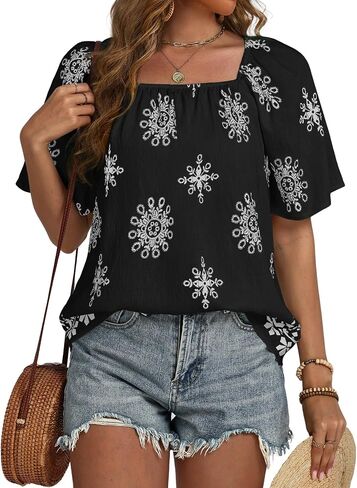 IEEILULU Boho Tops for Womens Summer Square Neck Floral Print Loose Fit Blouses Tunic Casual Beach Vacation Shirts in Saudi Arabia