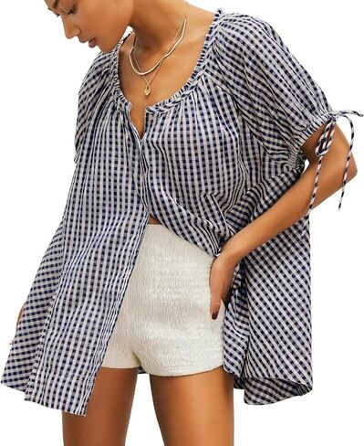 Womens Gingham Tunic Casual Puff Sleeve Pleated Scoop Neck Button Down Shirts Summer Tops Loose Flowy Babydoll Blouse(Navy,M) in Saudi Arabia